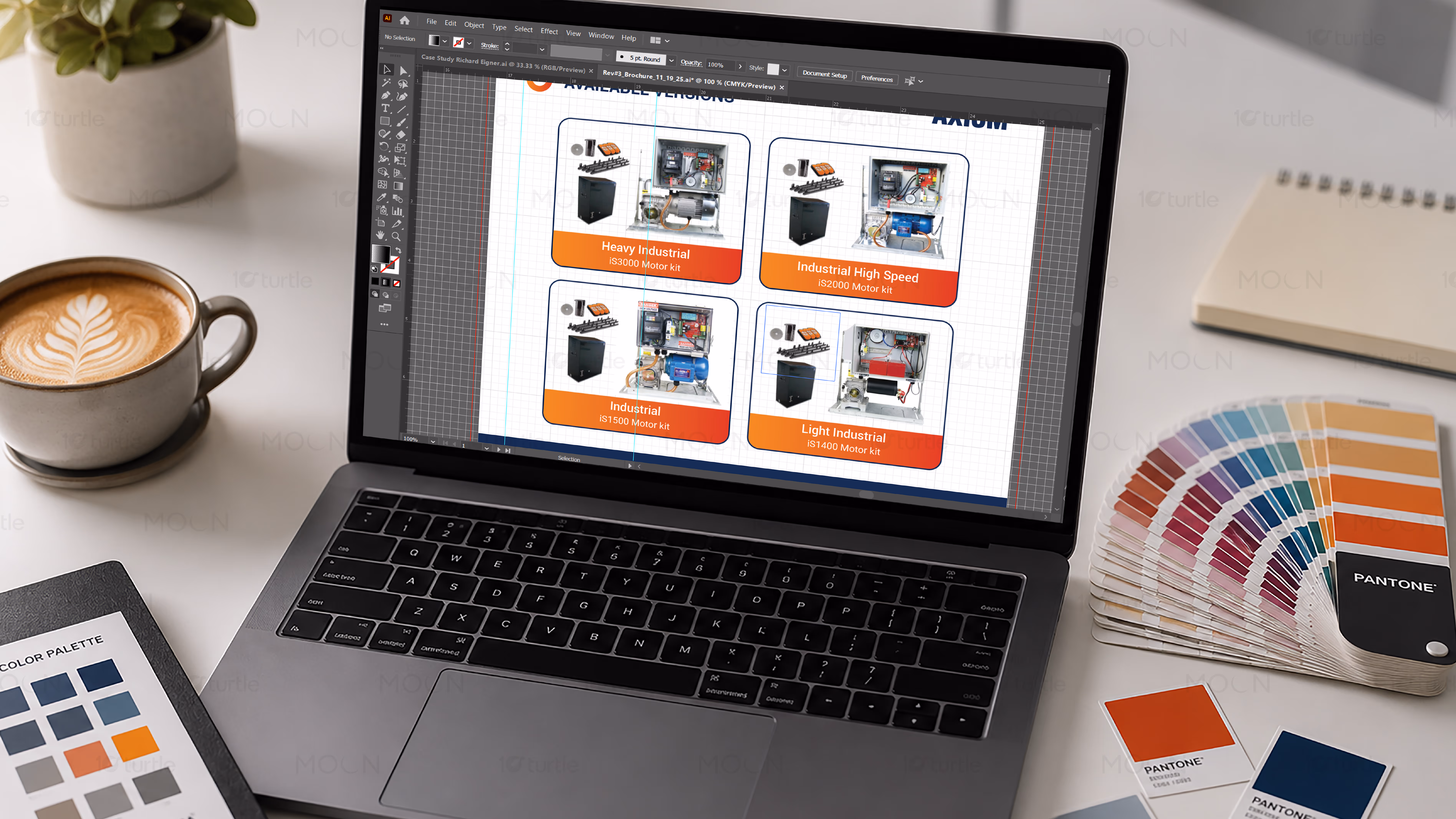 Corporate blue and orange color palette applied to manufacturing collateral