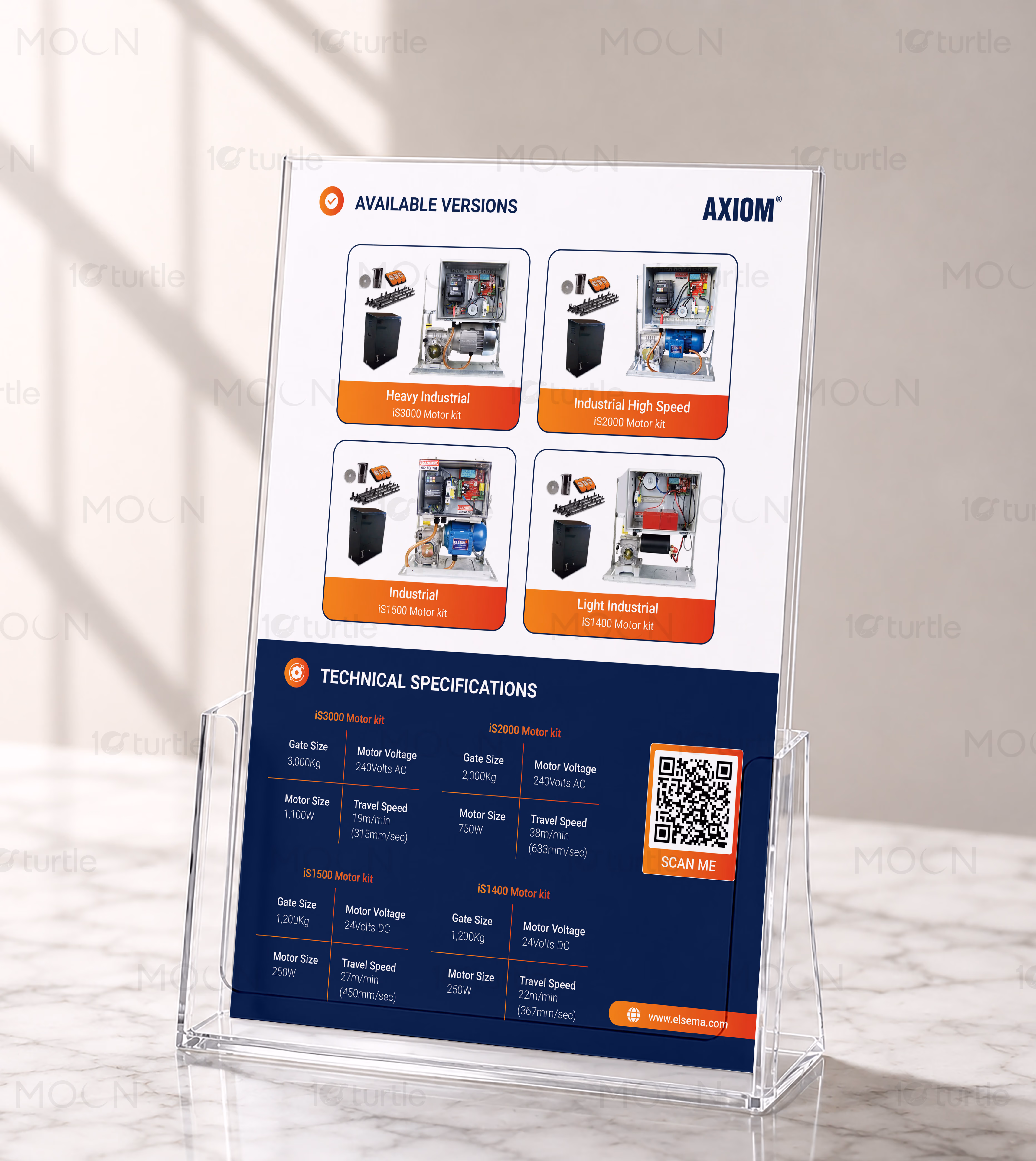 Heavy industrial sliding gate motor branding on marketing collateral
