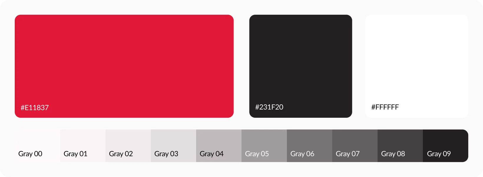 Color palette featuring deep red, dark charcoal, and clean white