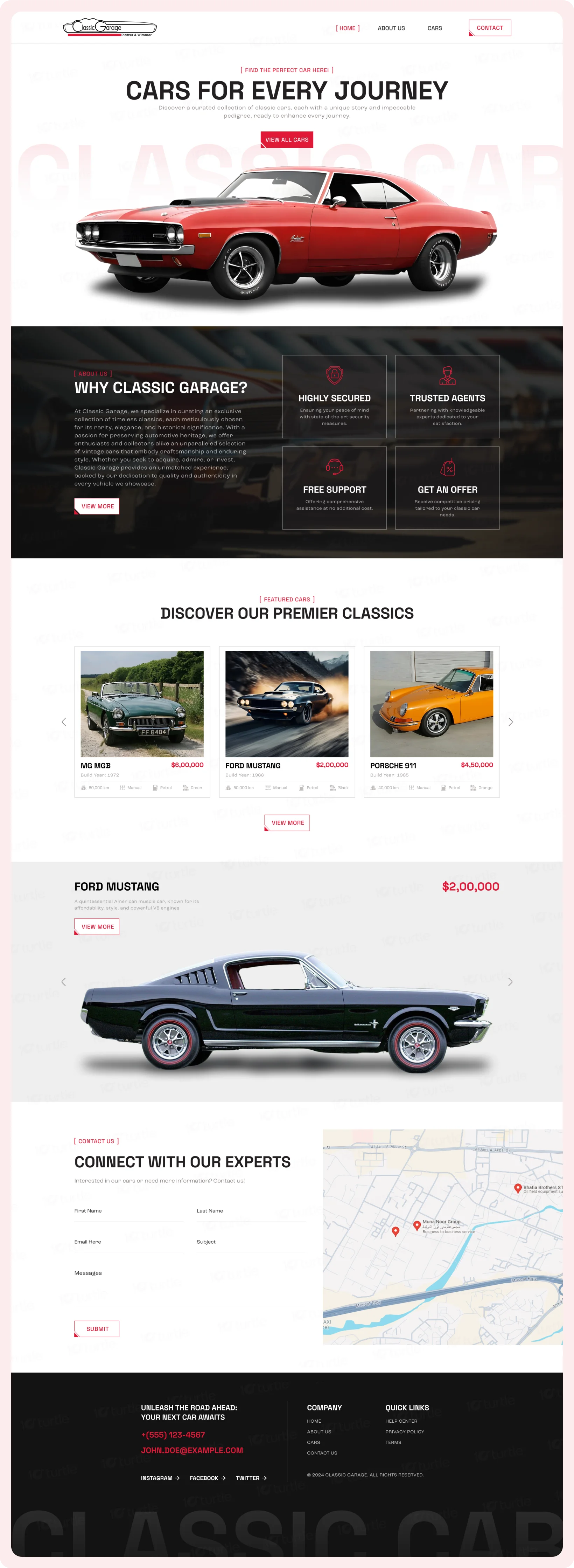 UI design mockup of the Classic Garage website