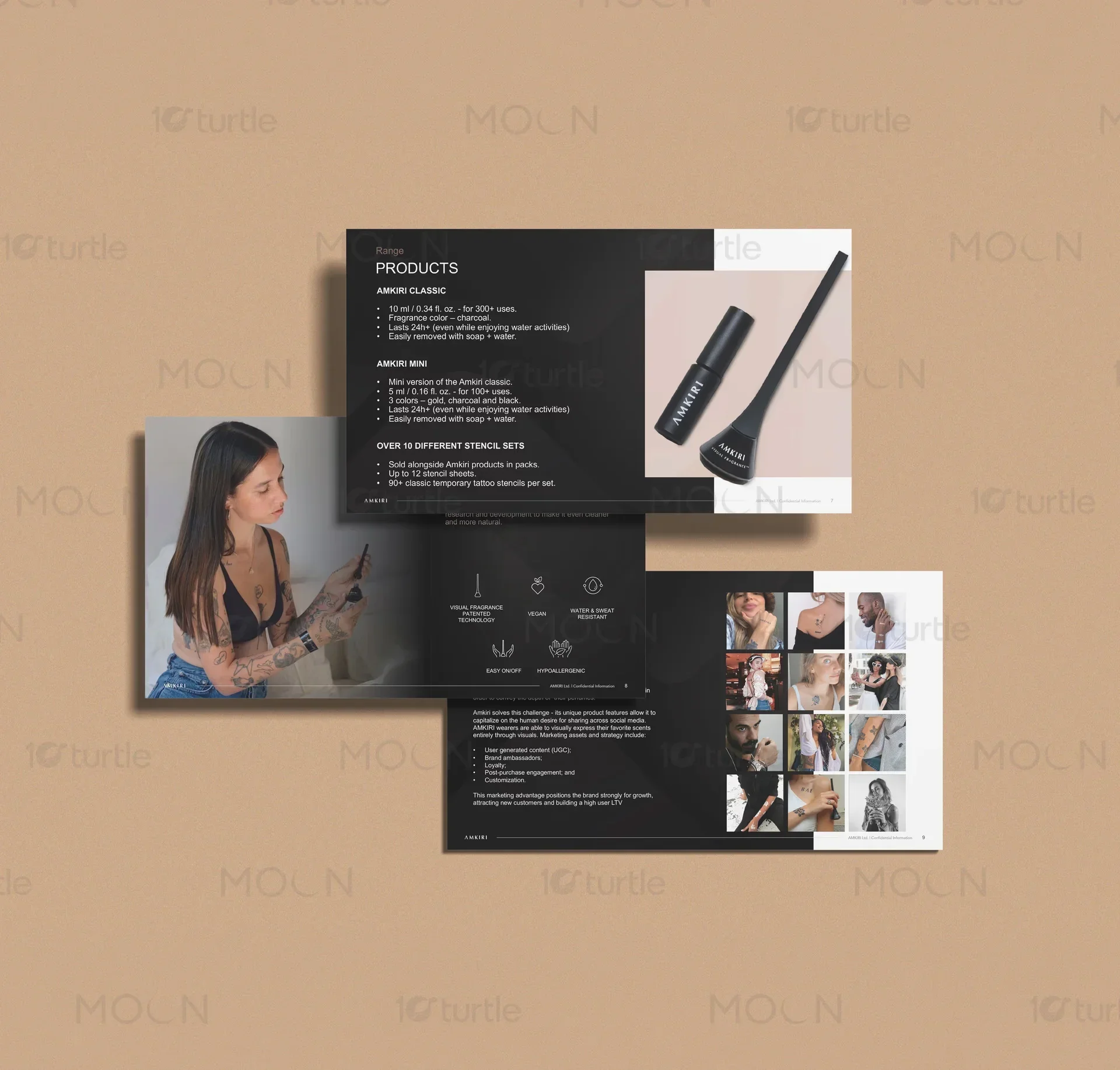 Modern beauty pitch deck layout showing team profiles with clean round image placeholders and small labels