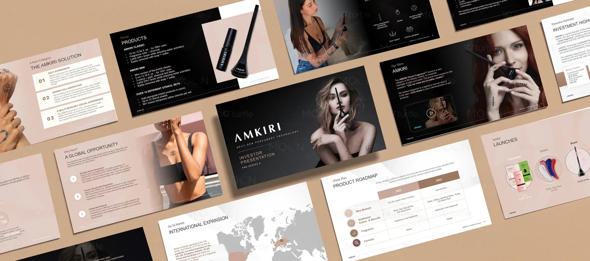 Minimalist investor presentation layout displaying product timeline and clean sans-serif dates
