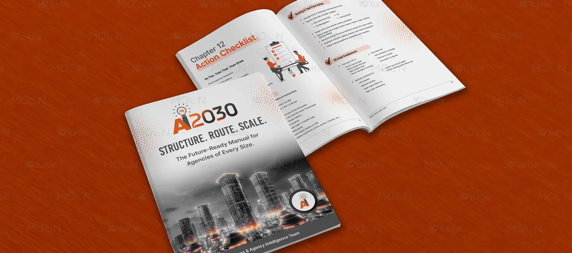 High-contrast digital brochure layout with data visualization cards highlighted with orange accents