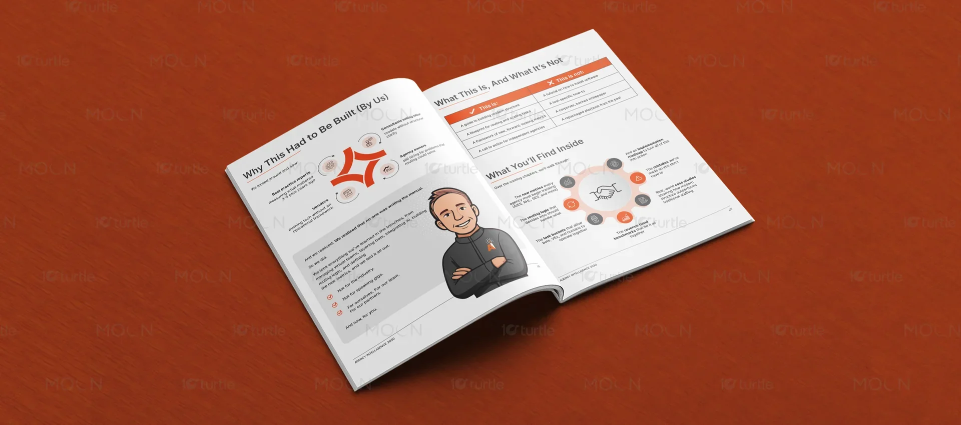 Process diagram in a business services brochure using flat geometric shapes and a modern charcoal color scheme