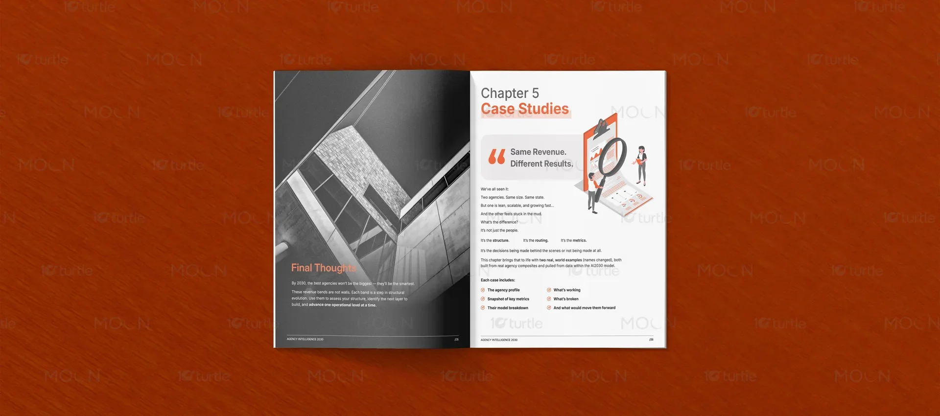 Spread of a tech-inspired corporate guide with bold quote layout on contrasting orange background