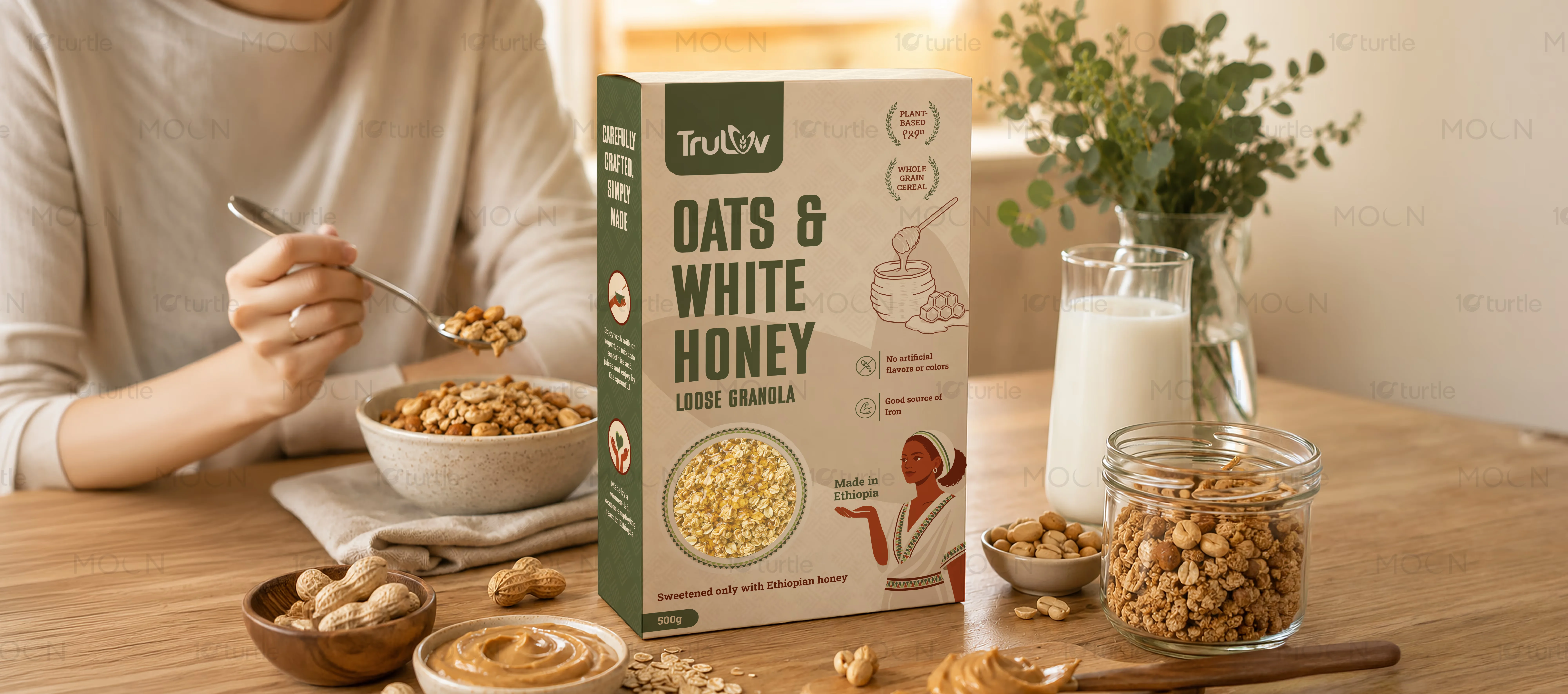 Truluv logo refinement on a modern cereal box mockup