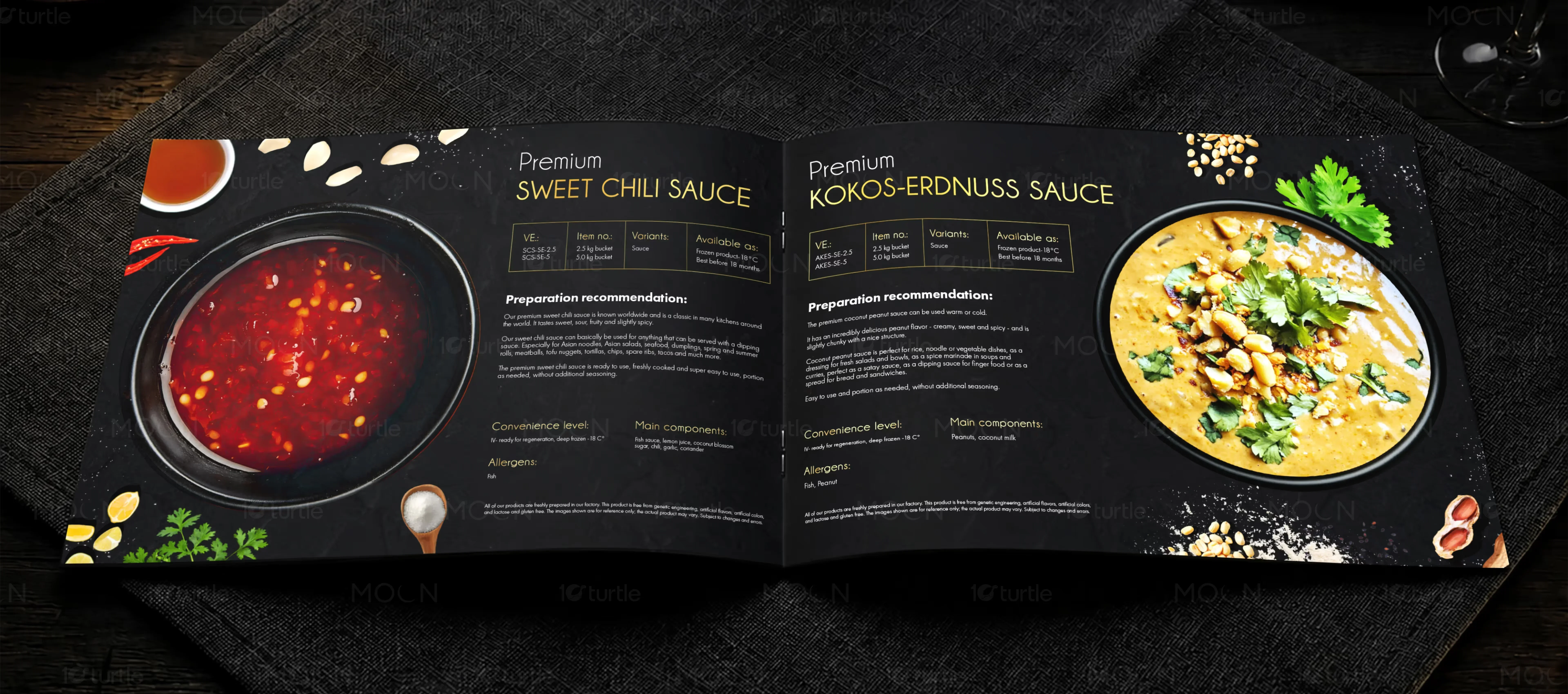 Sophisticated printed food brochure with warm earthy neutrals and subtle gold leaf accent marks.