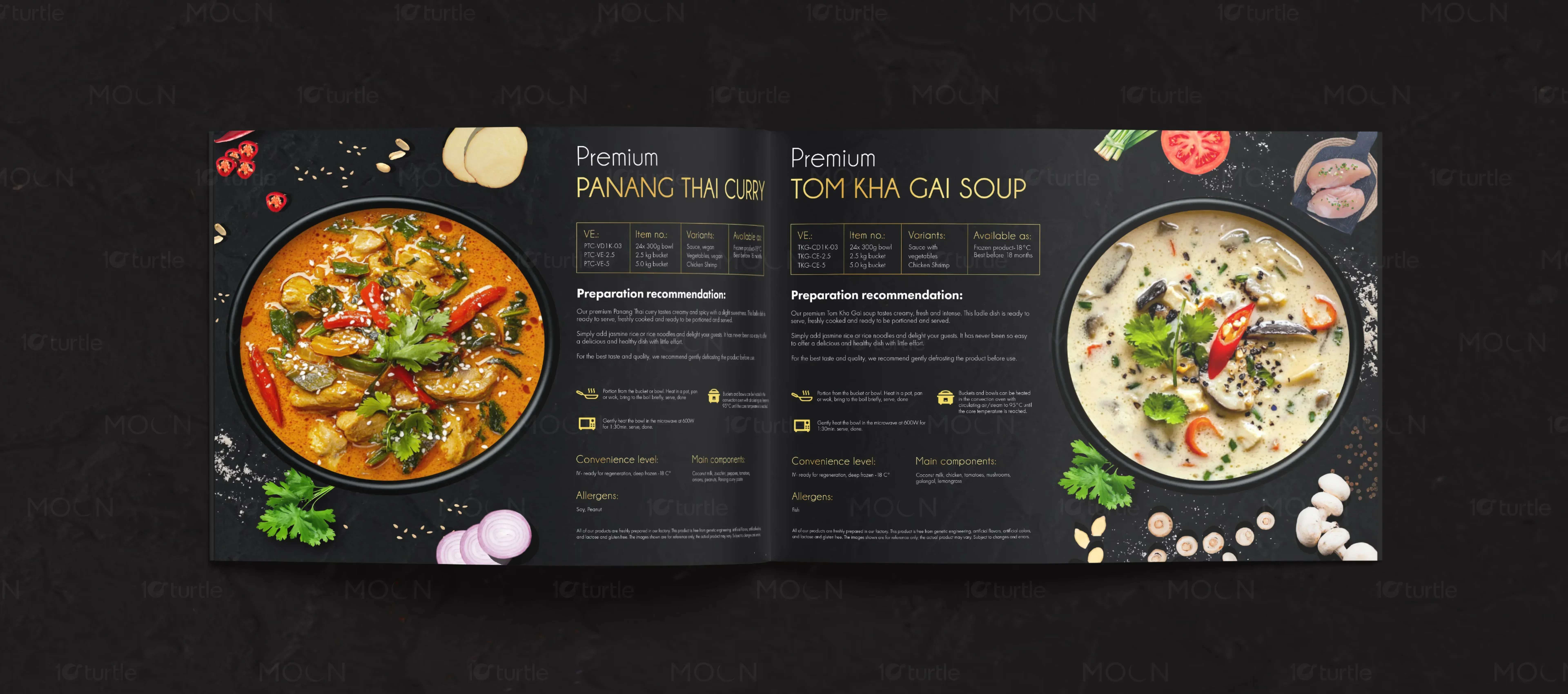 Close up of an elegant menu design with gold lettering and organized dietary information icons.