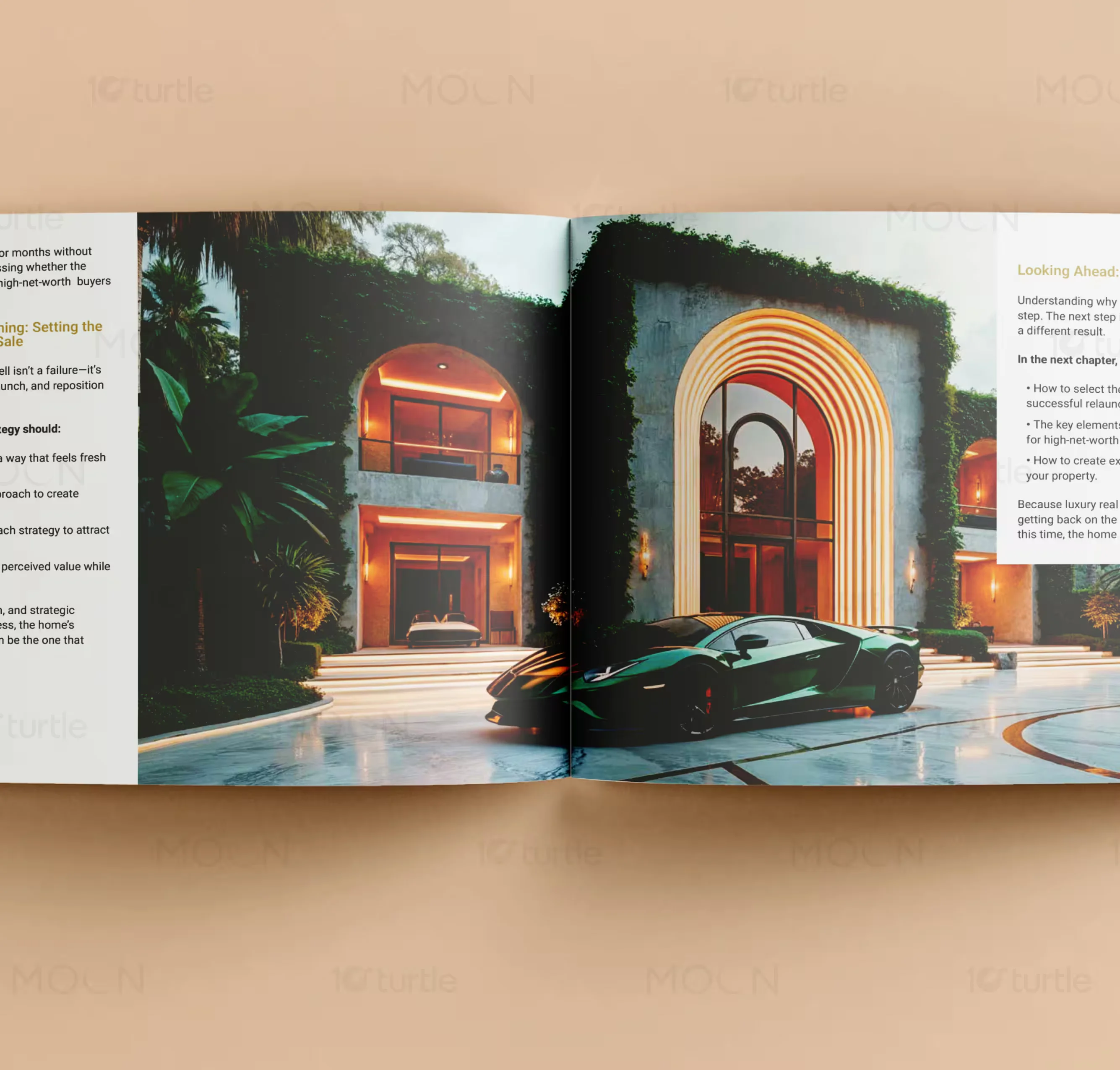 Professional property brochure design with gold foil accents and charcoal background