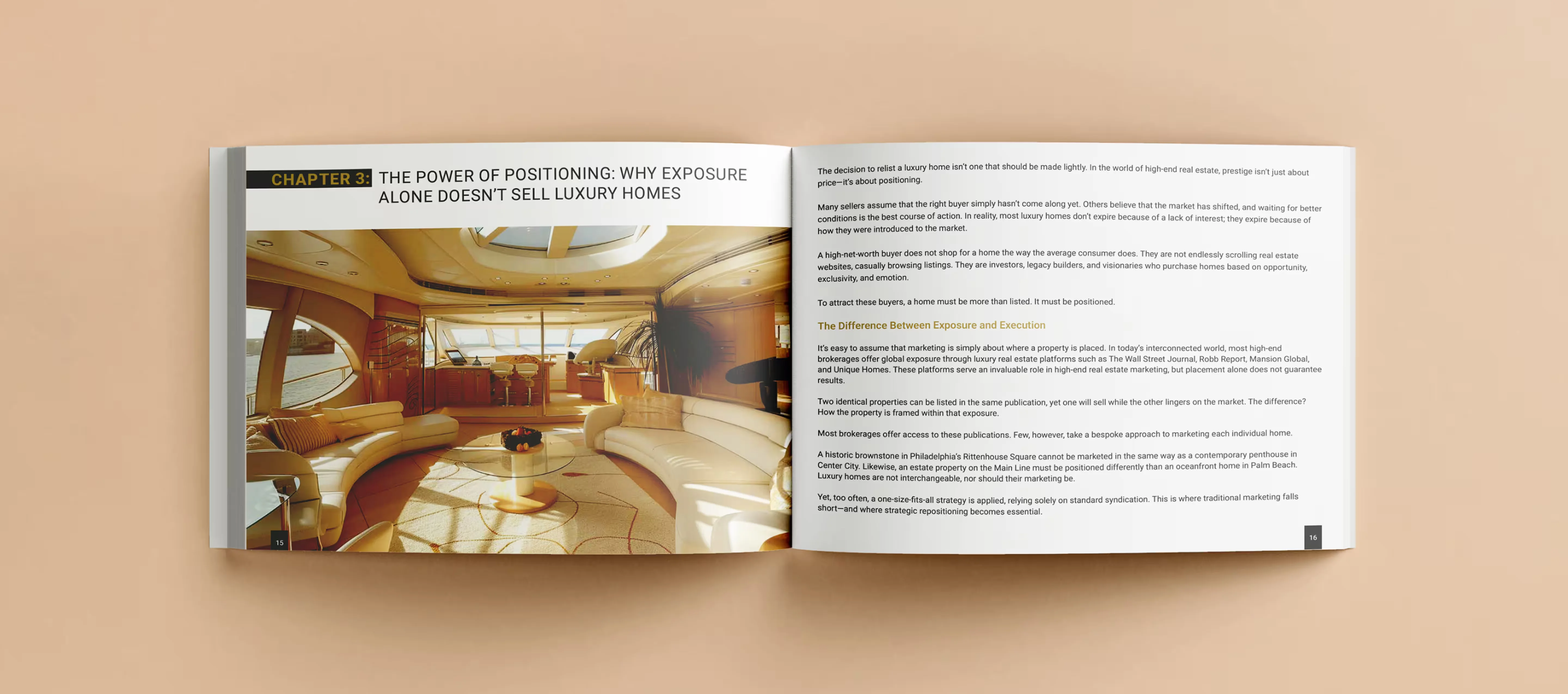 Sophisticated property marketing layout with refined sans-serif body typography