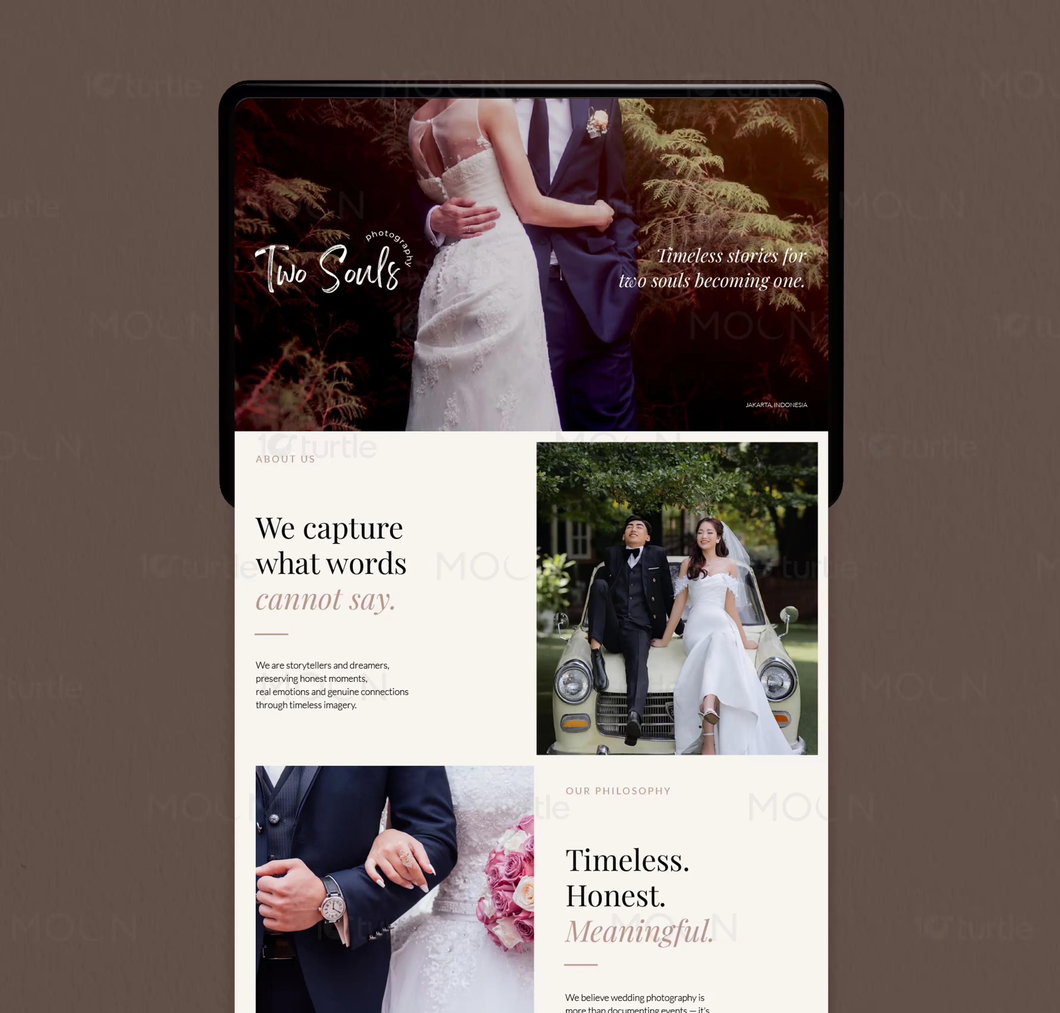 Close-up of a digital presentation template featuring a neutral color palette, sand tones, and a sophisticated serif header