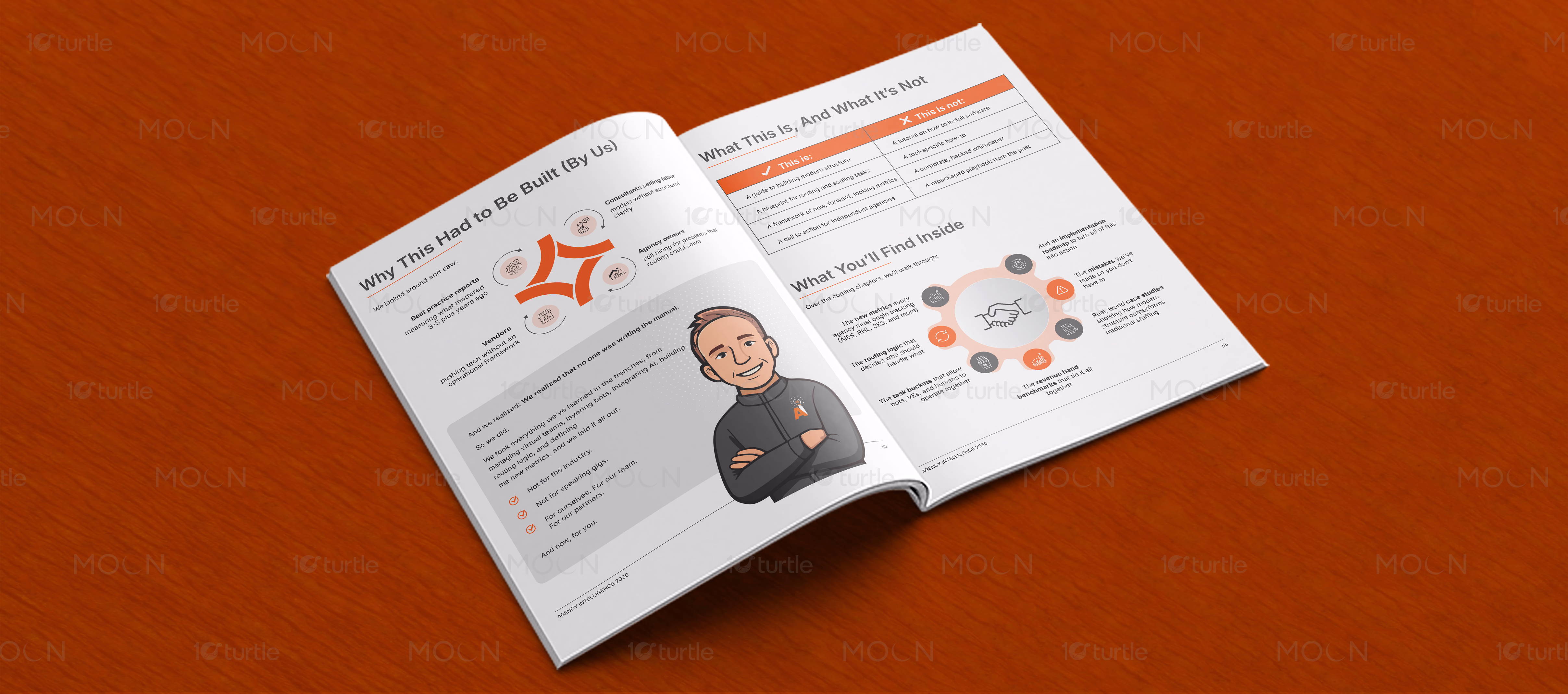 Process diagram in a business services brochure using flat geometric shapes and a modern charcoal color scheme