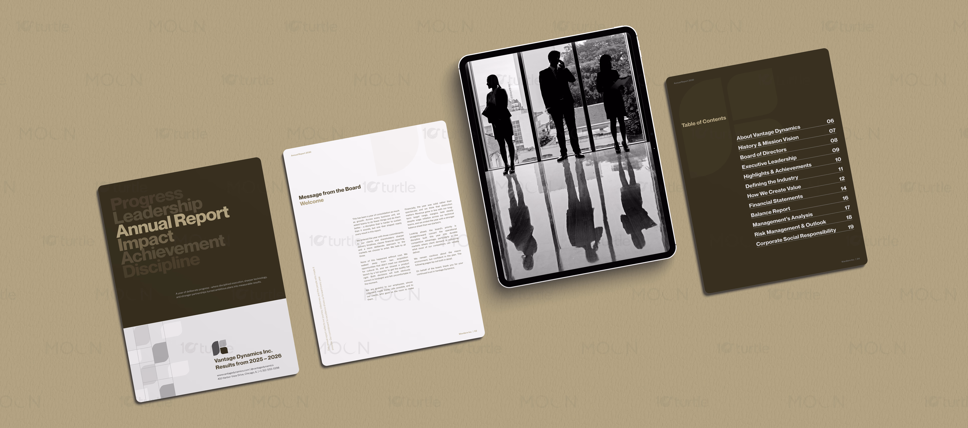 Asymmetric grid layout in corporate annual report showcasing executive letters and sophisticated serif typefaces