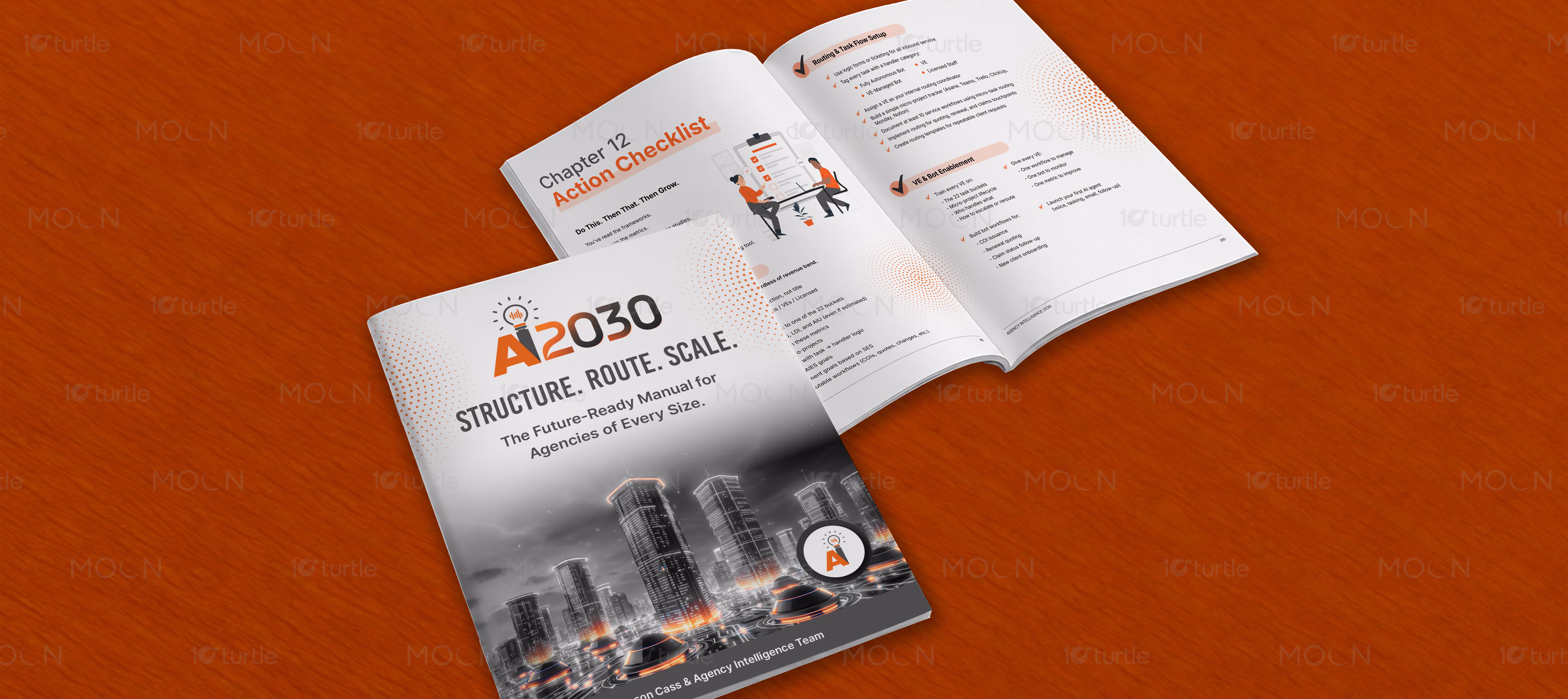 High-contrast digital brochure layout with data visualization cards highlighted with orange accents